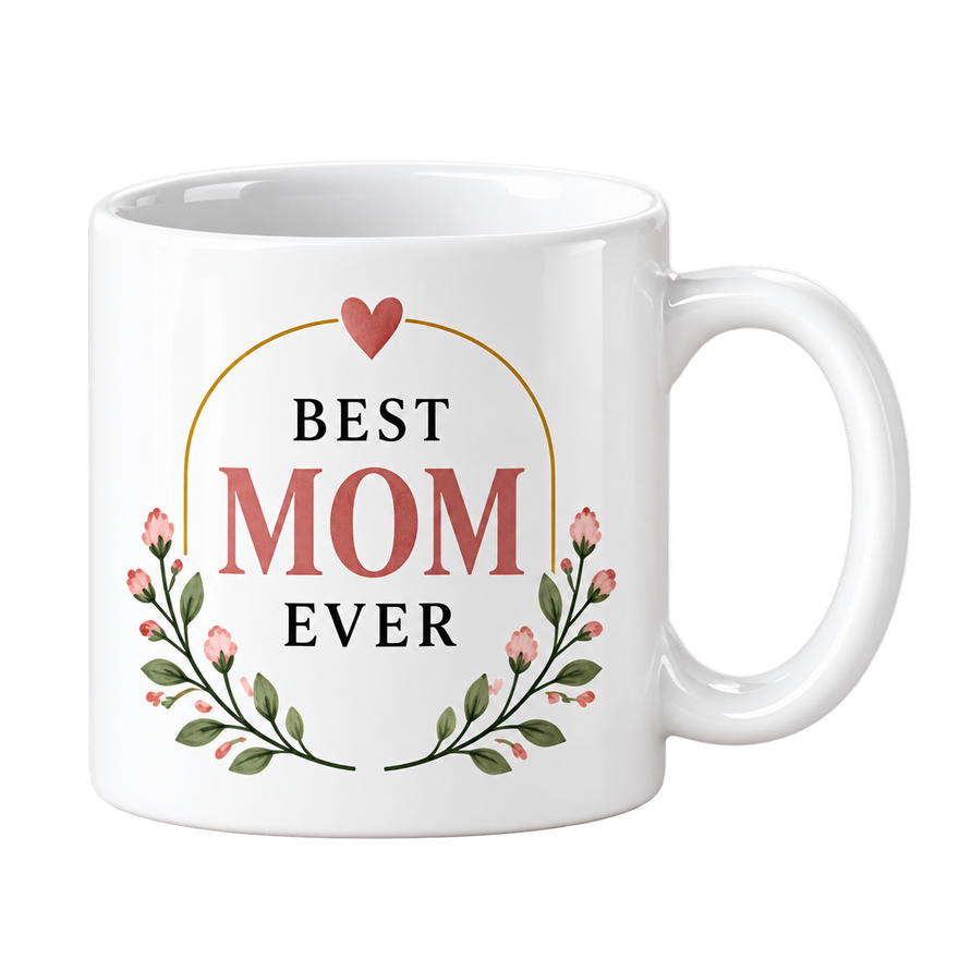 White mug with the words Best Mom Ever under a gold arch, with pink flower sprigs on both sides.