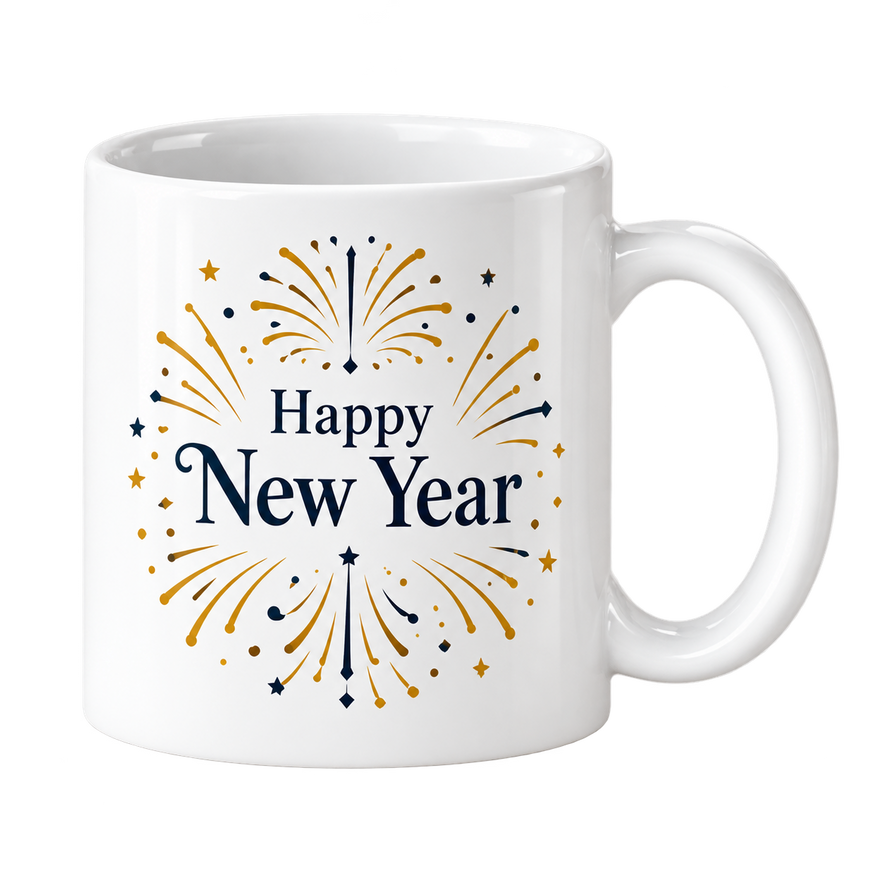 White mug with Happy New Year in navy lettering surrounded by gold and navy firework bursts.