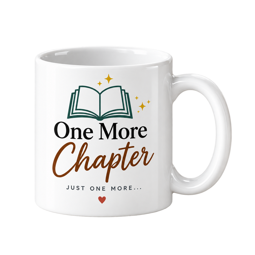 White mug with an open book drawing above the words One More Chapter in black and brown script.