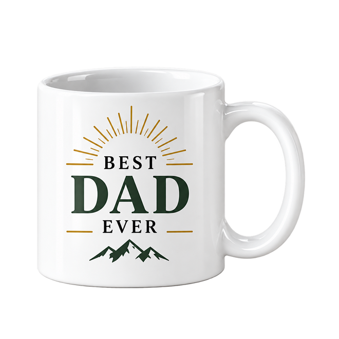 White mug with the words Best Dad Ever in green, gold rays above and a small mountain outline below.