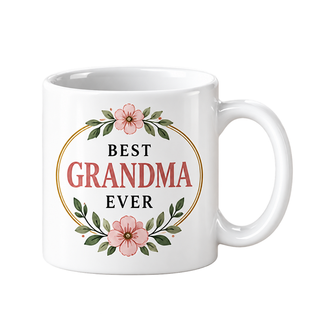 White mug with the words Best Grandma Ever inside a gold ring decorated with pink flowers and leaves.