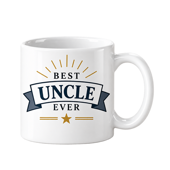 White mug with the words Best Uncle Ever, Uncle on a navy ribbon banner with gold rays and a star.