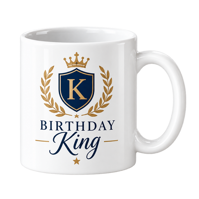 White mug with a navy shield showing a gold letter K under a crown, laurel leaves and the words Birthday King.