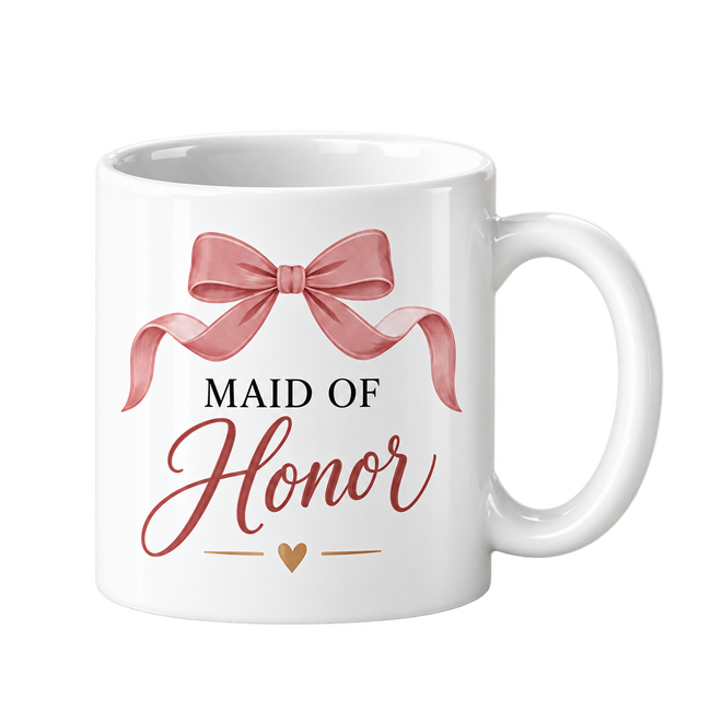 White mug with a large pink bow above the words Maid of Honor in rose script.