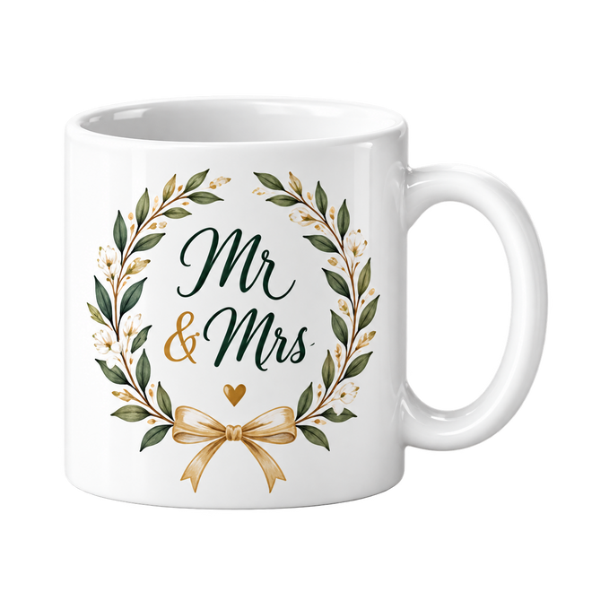 White mug with Mr and Mrs in green and gold script inside a green leaf wreath tied with a cream bow.