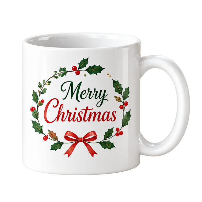 White mug with Merry Christmas in green and red script inside a holly wreath with a red bow.