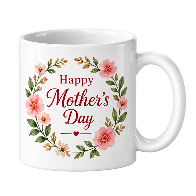 White mug with Happy Mother’s Day in raspberry script inside a wreath of pink flowers.