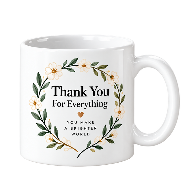 White mug with Thank You For Everything inside a green leaf wreath with cream flowers.