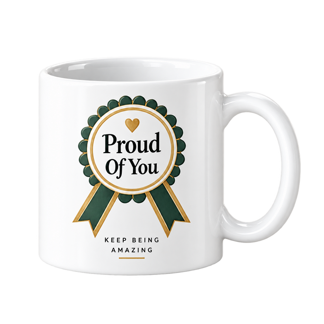 White mug with a green and gold award rosette that reads Proud Of You.